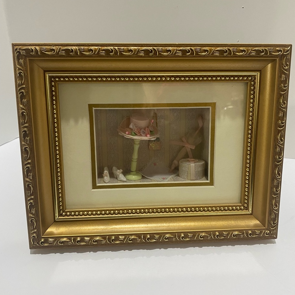 Vintage Fashion Shadow Box Diorama Gold Frame Minature Hat Shoes Purse